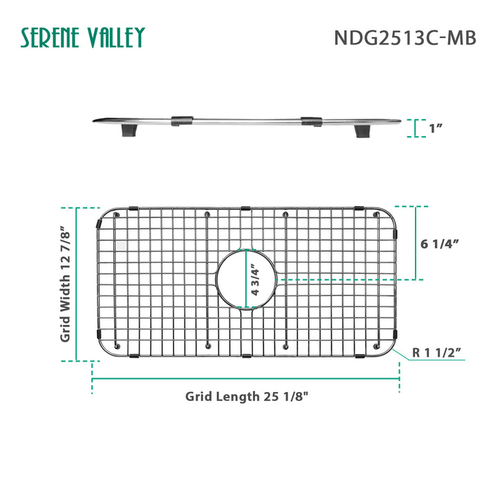 Serene Valley Sink Bottom Grid 25-1/8" x 12-7/8", Matte Black Color, Centered Drain with Corner Radius 1-1/2", Sink Grid Stainless Steel NDG2513C-MB