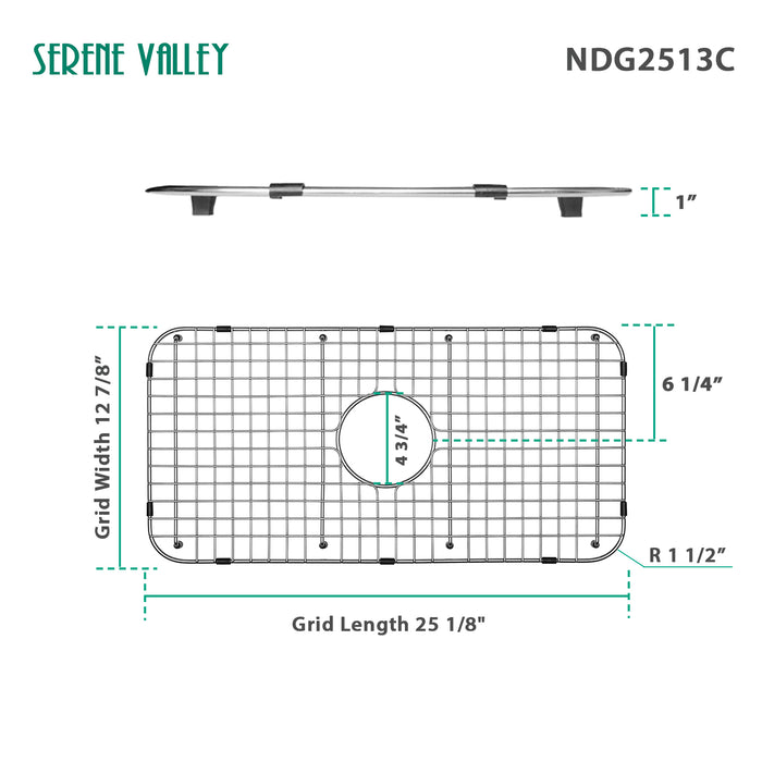 Serene Valley Sink Bottom Grid 25-1/8" x 12-7/8", Centered Drain with Corner Radius 1-1/2", Sink Grid Stainless Steel NDG2513C