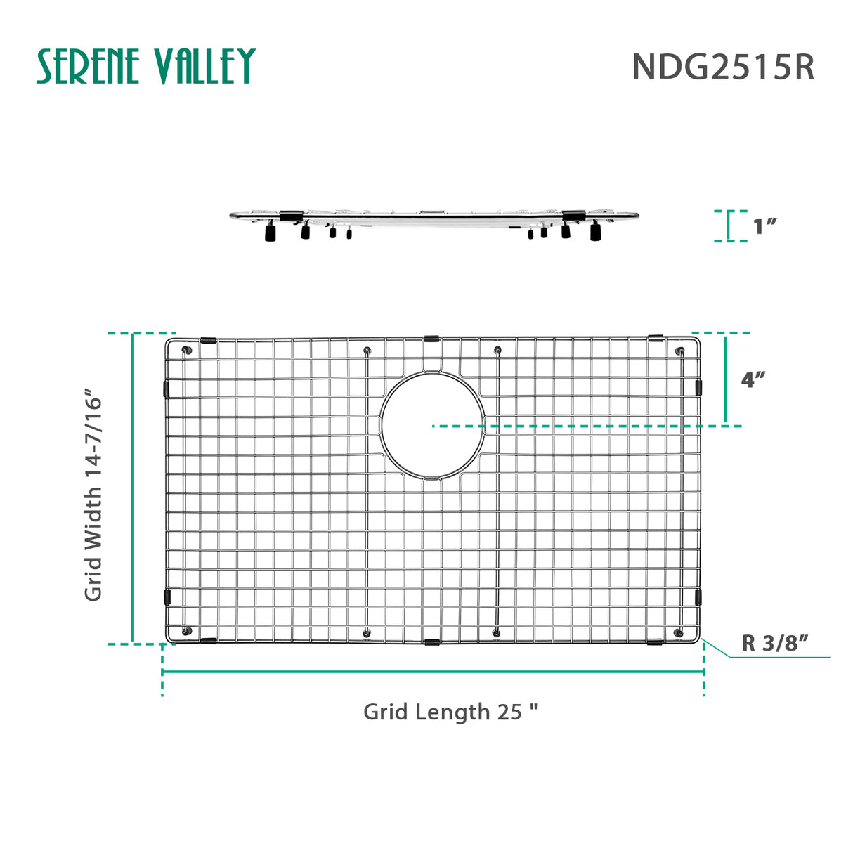 Sink Bottom Grid 25" X 14-7/16", Rear Drain with Corner Radius 3/8", Sink Protector NDG2515R