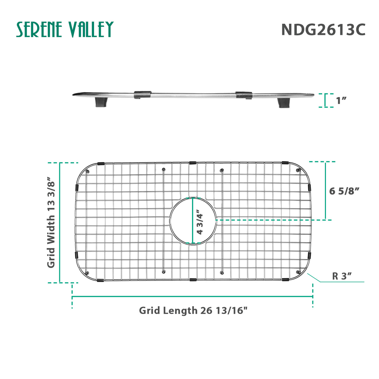 Serene Valley Sink Grid 26-13/16" x 13-3/8", Centered Drain with Corner Radius 3", NDG2613C