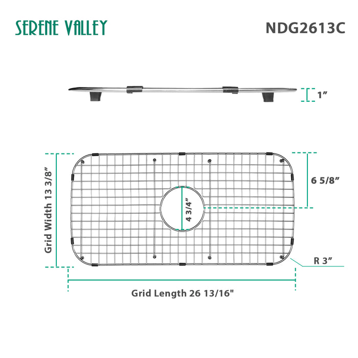 Serene Valley Sink Grid 26-13/16" x 13-3/8", Centered Drain with Corner Radius 3", NDG2613C
