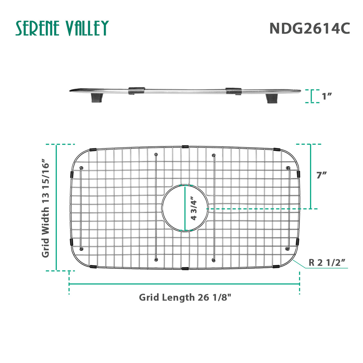 Serene Valley Sink Grid 26-1/8" x 13-15/16", Centered Drain with Corner Radius 2-1/2", NDG2614C