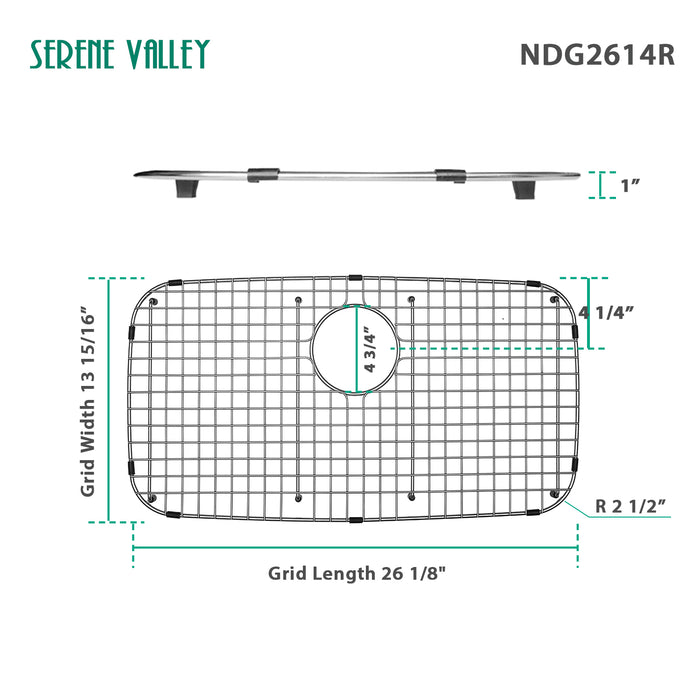 Serene Valley Sink Grid 26-1/8" x 13-15/16", Rear Drain with Corner Radius 2-1/2", Bottom Grid NDG2614R