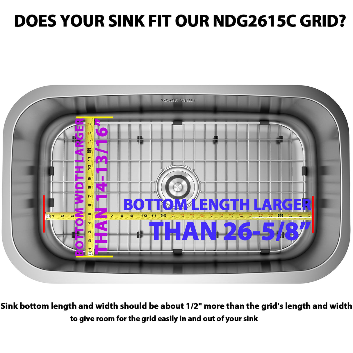 Serene Valley Sink Grid 26-5/8" x 14-13/16", Centered Drain with Corner Radius 1-1/2",NDG2615C