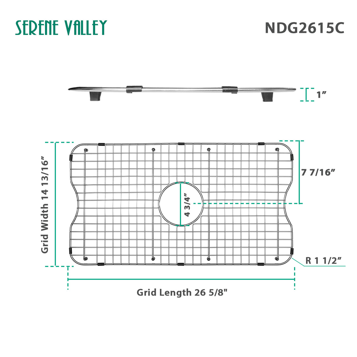 Serene Valley Sink Grid 26-5/8" x 14-13/16", Centered Drain with Corner Radius 1-1/2",NDG2615C