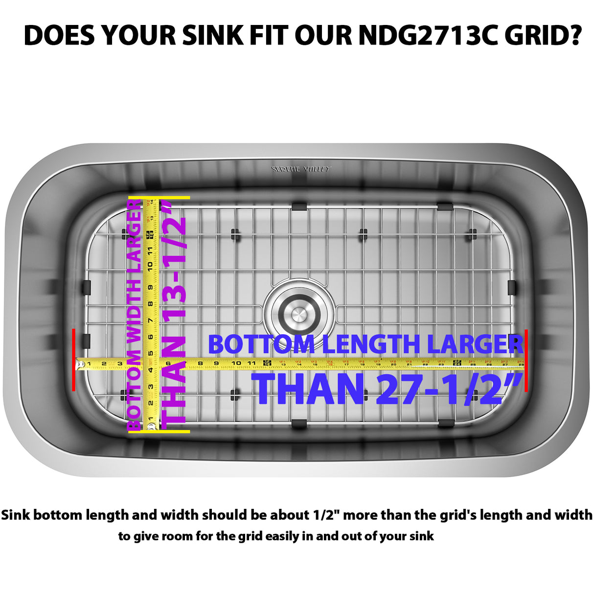 Serene Valley Sink Bottom Grid 27-1/2" x 13-1/2", Centered Drain with Corner Radius 1-1/2", Sink Grids Stainless Steel NDG2713C