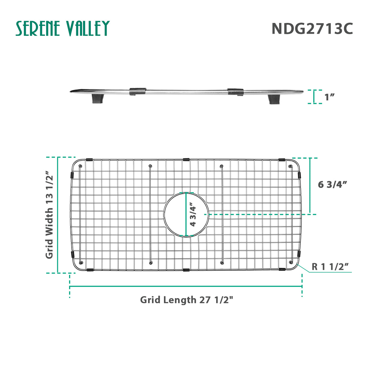 Serene Valley Sink Bottom Grid 27-1/2" x 13-1/2", Centered Drain with Corner Radius 1-1/2", Sink Grids Stainless Steel NDG2713C