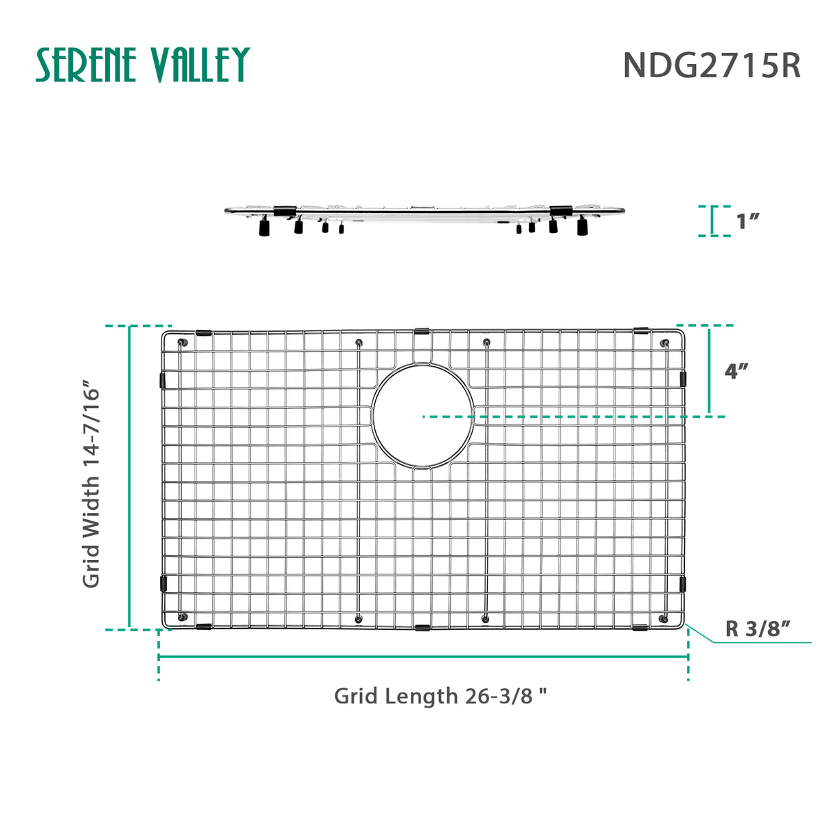 Sink Bottom Grid 26-3/8" X 14-7/16", Rear Drain with Corner Radius 3/8", Sink Protector NDG2715R