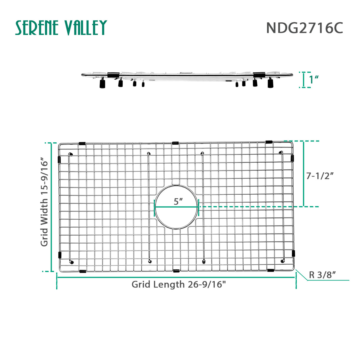 Sink Bottom Grid 26-9/16" X 15-9/16", Centered Drain with Corner Radius 3/8", Sink Protector NDG2716C