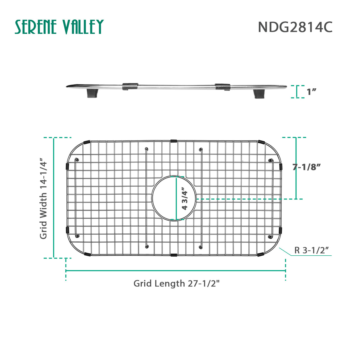 Serene Valley Sink Bottom Grid 27-1/2" x 14-1/4", Centered Drain with Corner Radius 3-1/2", NDG2814C