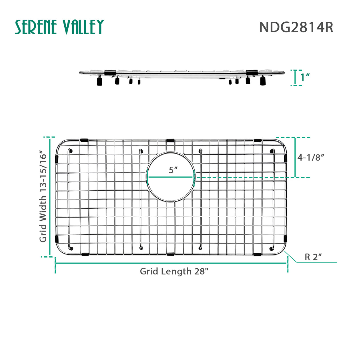 Sink Bottom Grid 28" x 13-15/16", Rear Drain with Corner Radius 2", Sink Protector NDG2814R