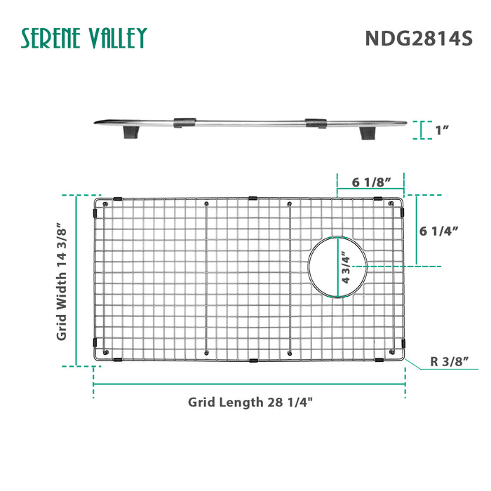 Serene Valley Sink Bottom Grid 28-1/4" x 14-3/8", Side Drain with Corner Radius 3/8",NDG2814S