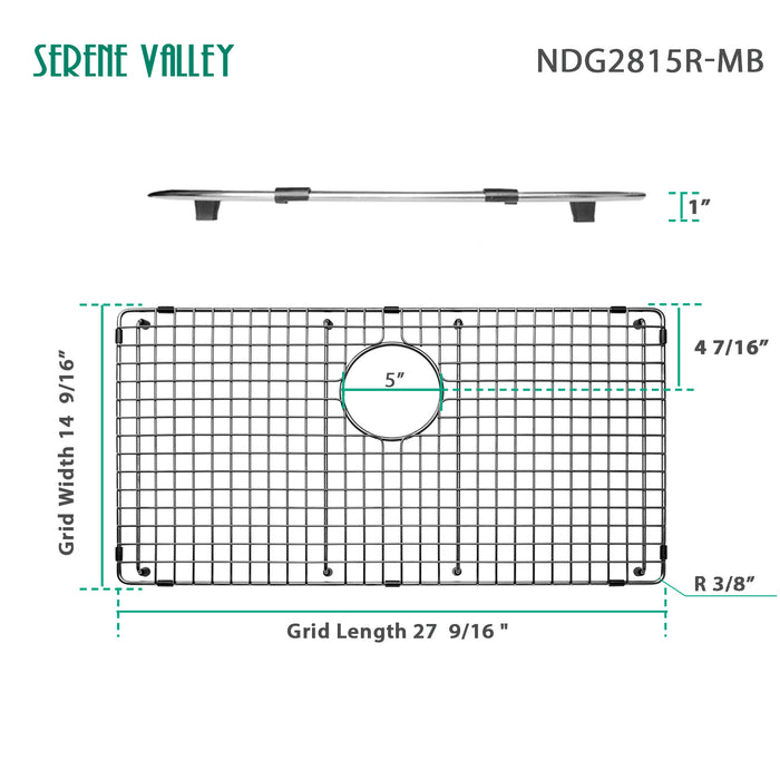 Serene Valley Sink Bottom Grid 27-9/16" x 14-9/16", Matte Black Color, Rear Drain with Corner Radius 3/16", Kitchen Sink Protector NDG2815R-MB