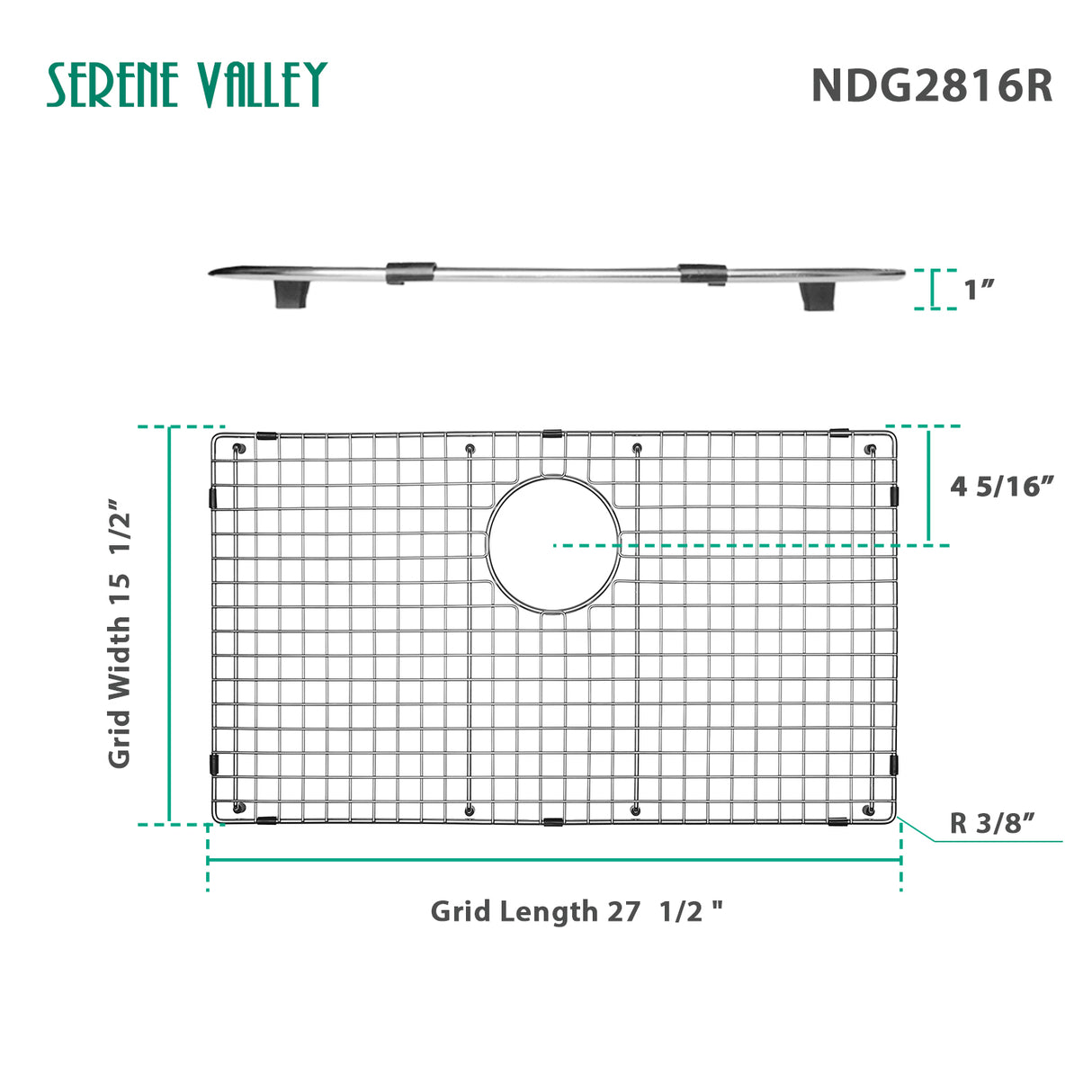 Serene Valley Sink Bottom Grid 27-1/2" x 15-1/2", Rear Drain with Corner Radius 3/16", Kitchen Sink Grid NDG2816R