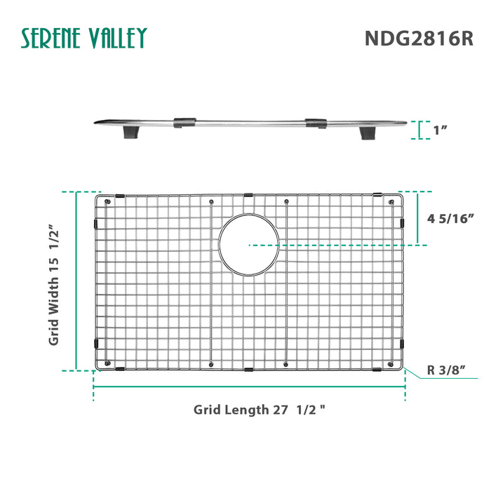 Serene Valley Sink Bottom Grid 27-1/2" x 15-1/2", Rear Drain with Corner Radius 3/16", Kitchen Sink Grid NDG2816R
