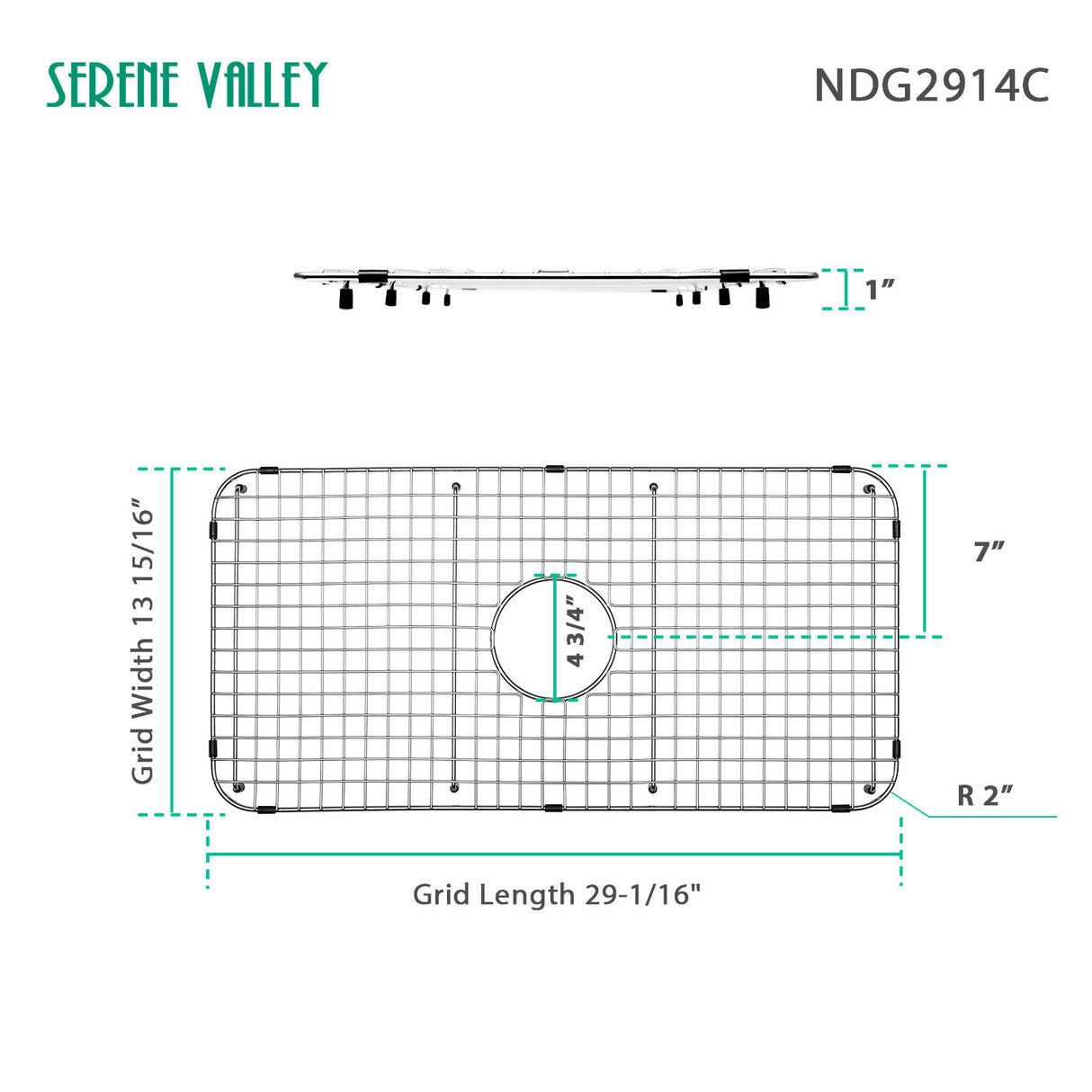 Sink Bottom Grid 29-1/16" X 13-15/16", Centered Drain with Corner Radius 2", NDG2914C