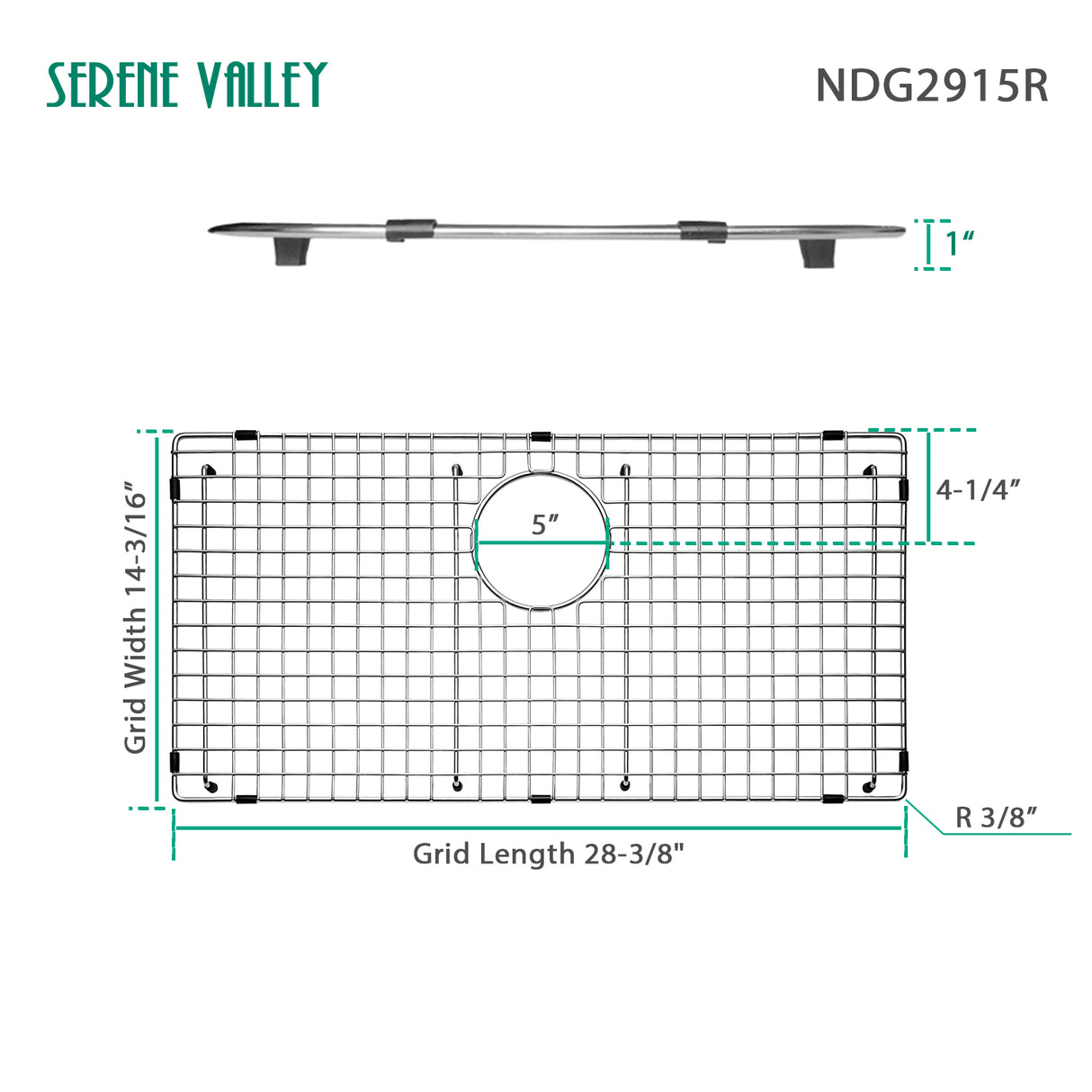 Sink Bottom Grid 28-3/8" x 14-3/16", Rear Drain with Corner Radius 3/16" NDG2915R