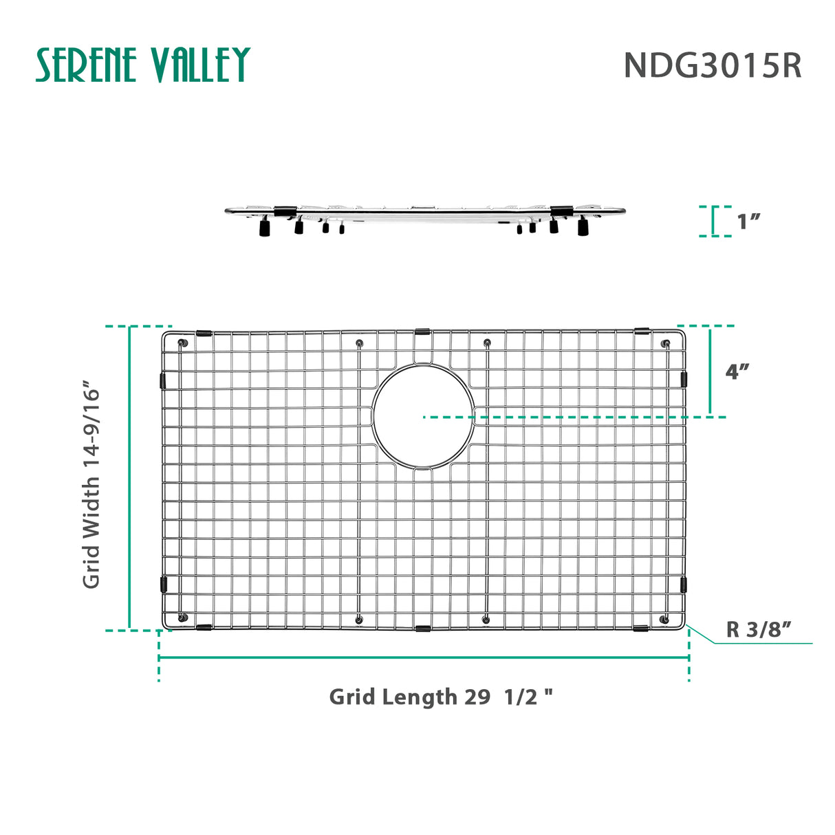 Sink Bottom Grid 29-1/2" X 14-9/16", Rear Drain with Corner Radius 3/8", Sink Protector NDG3015R