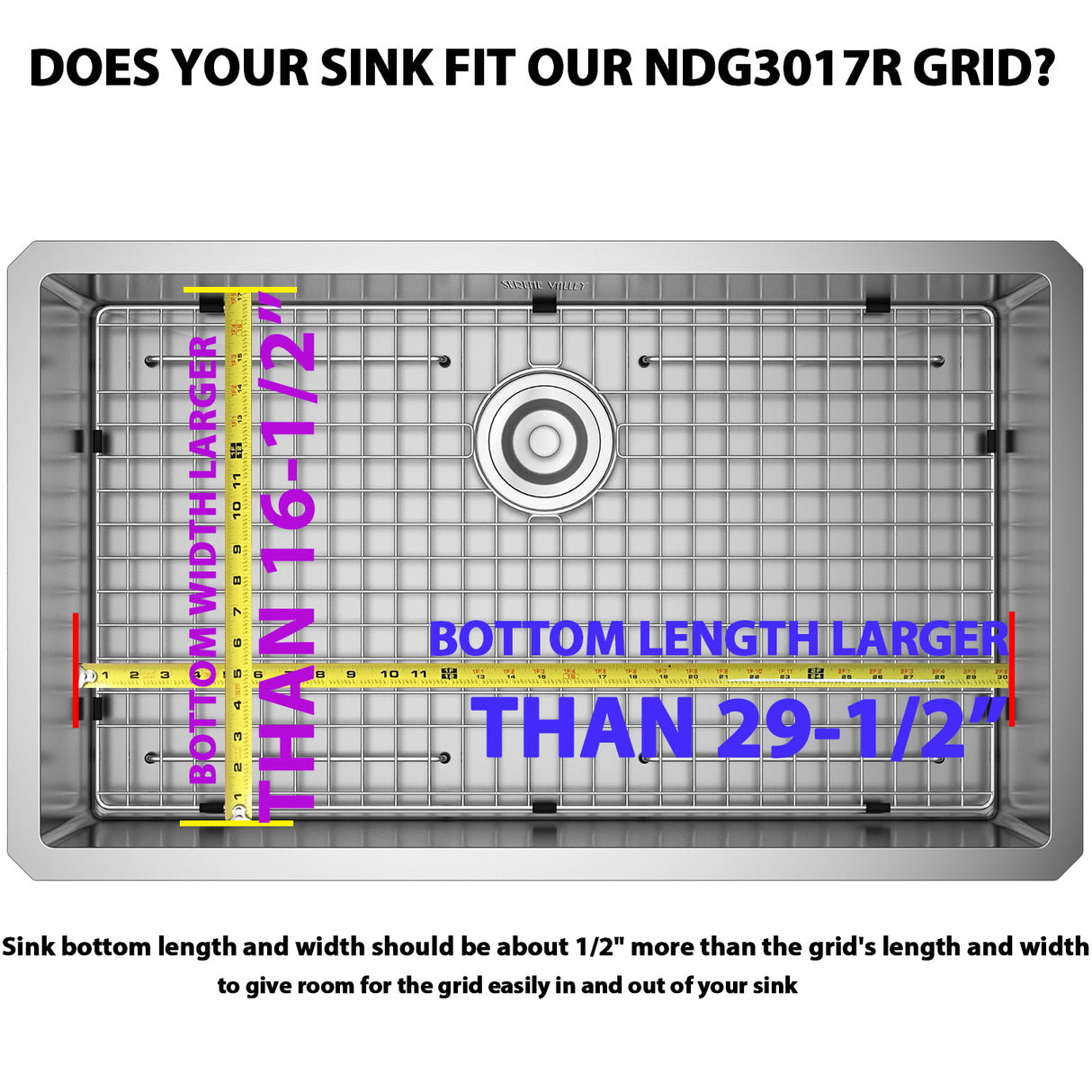 Serene Valley Sink Bottom Grid 29-1/2" x 16-1/2", Rear Drain with Corner Radius 3/16", Sink Grids Stainless Steel NDG3017R