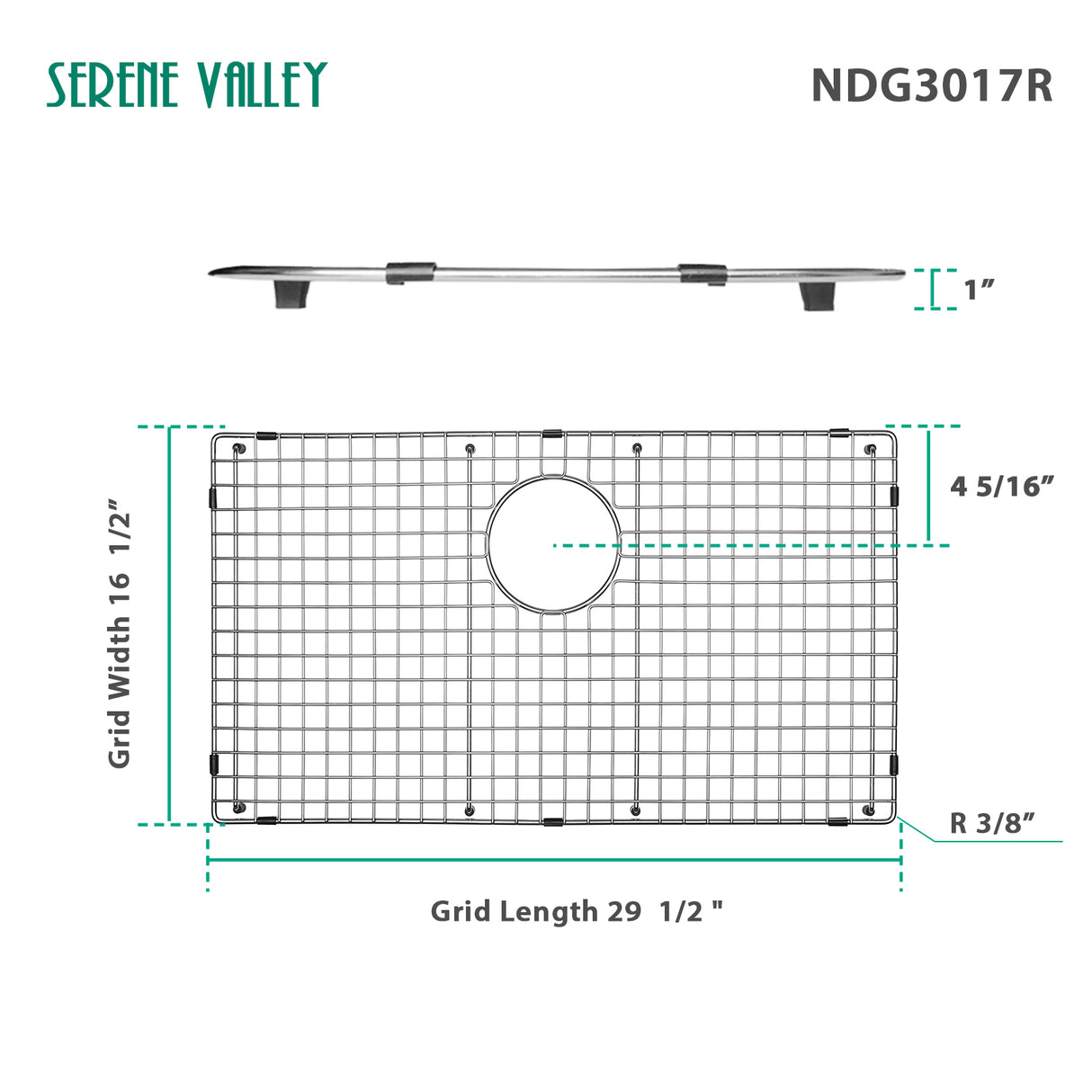 Serene Valley Sink Bottom Grid 29-1/2" x 16-1/2", Rear Drain with Corner Radius 3/16", Sink Grids Stainless Steel NDG3017R