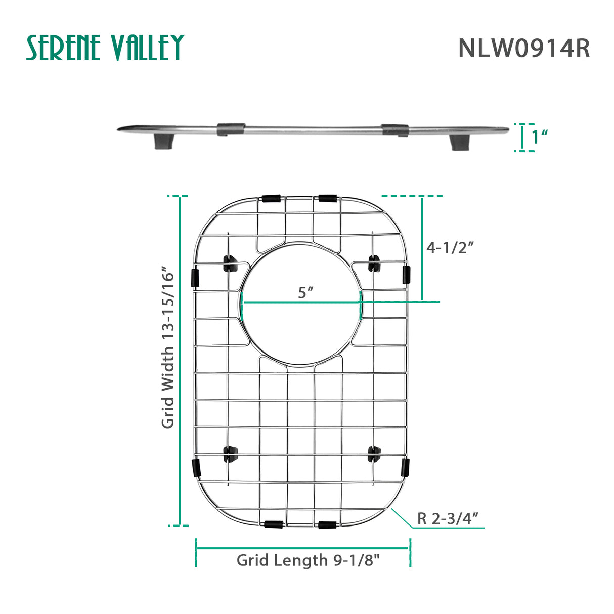 Sink Bottom Grid 9" x 13-7/8", Rear Drain with Corner Radius 2-3/4" NLW0914R