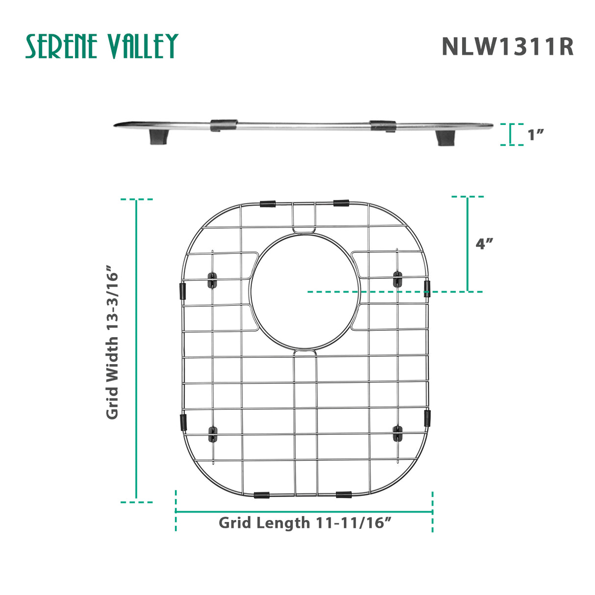 Sink Protector Grid 11-11/16" x 13-3/16", Rear Drain with Corner Radius 3-1/2" NLW1311R