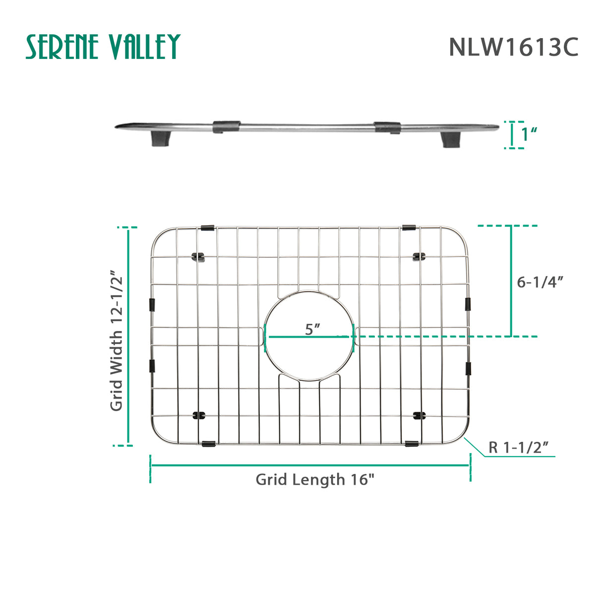 Serene Valley Sink Grid 16" X 12-1/2", Centered Drain with Corner Radius 1-1/2", NLW1613C