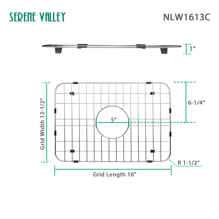 Serene Valley Sink Grid 16" X 12-1/2", Centered Drain with Corner Radius 1-1/2", NLW1613C