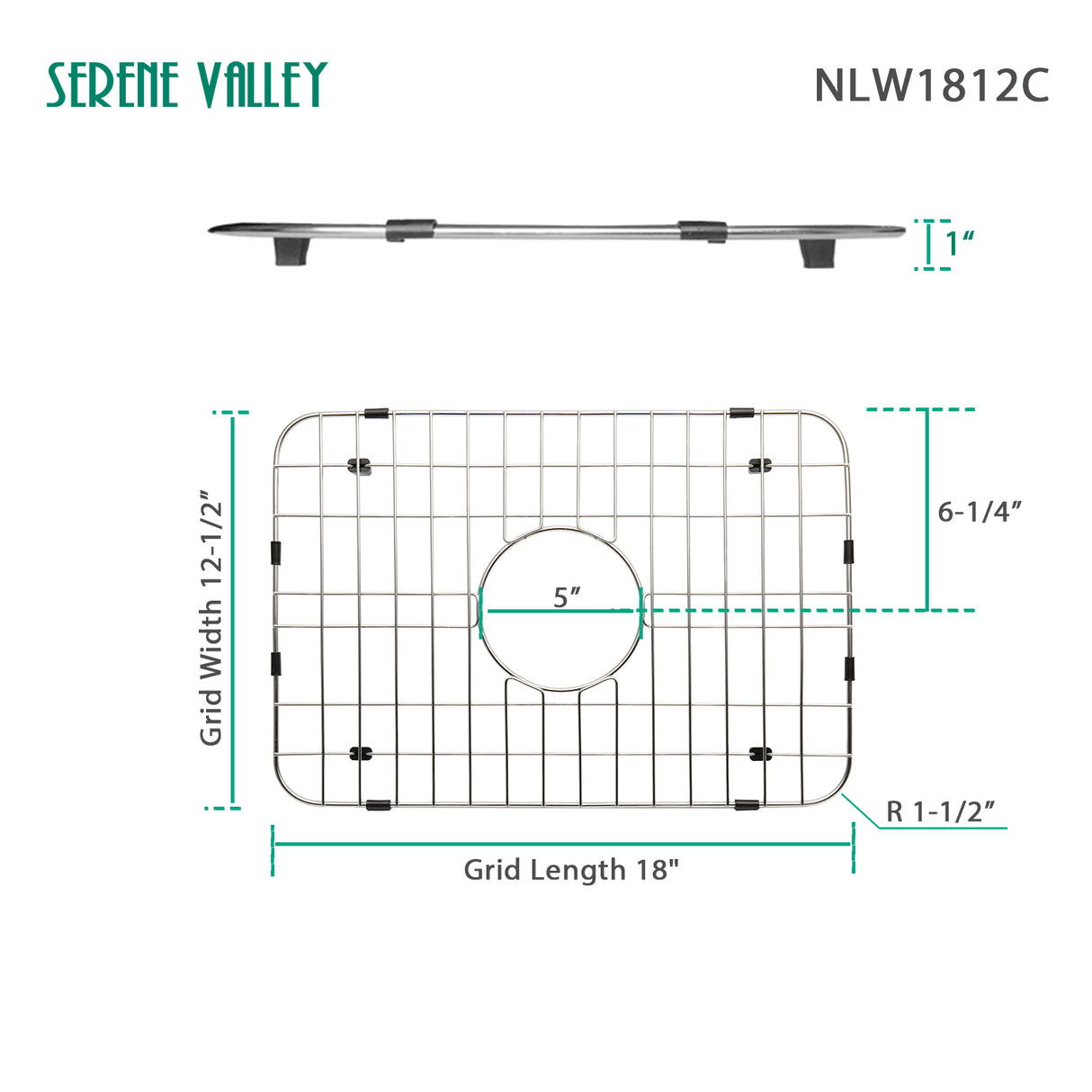 Serene Valley Sink Grid 18" X 12-1/2", Centered Drain with Corner Radius 1-1/2", NLW1812C