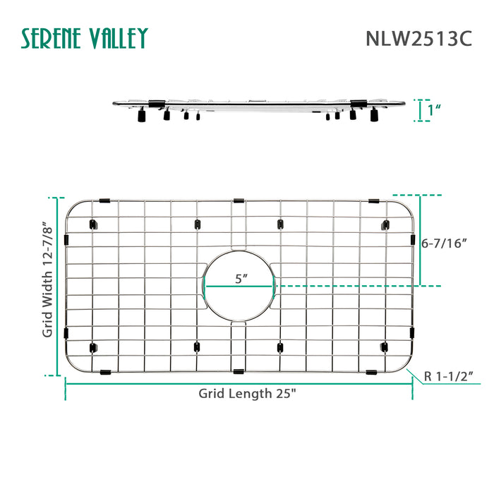 Serene Valley 25-1/8" x 12-7/8" Sink Grid , Centered Drain with Corner Radius 1-1/2",  NLW2513C