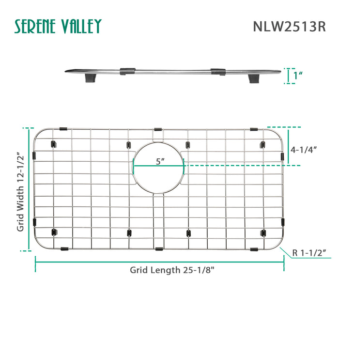 Serene Valley 25-1/4" X 12-1/2“ Sink Grid , Rear Drain with Corner Radius 1-1/2",  NLW2513R
