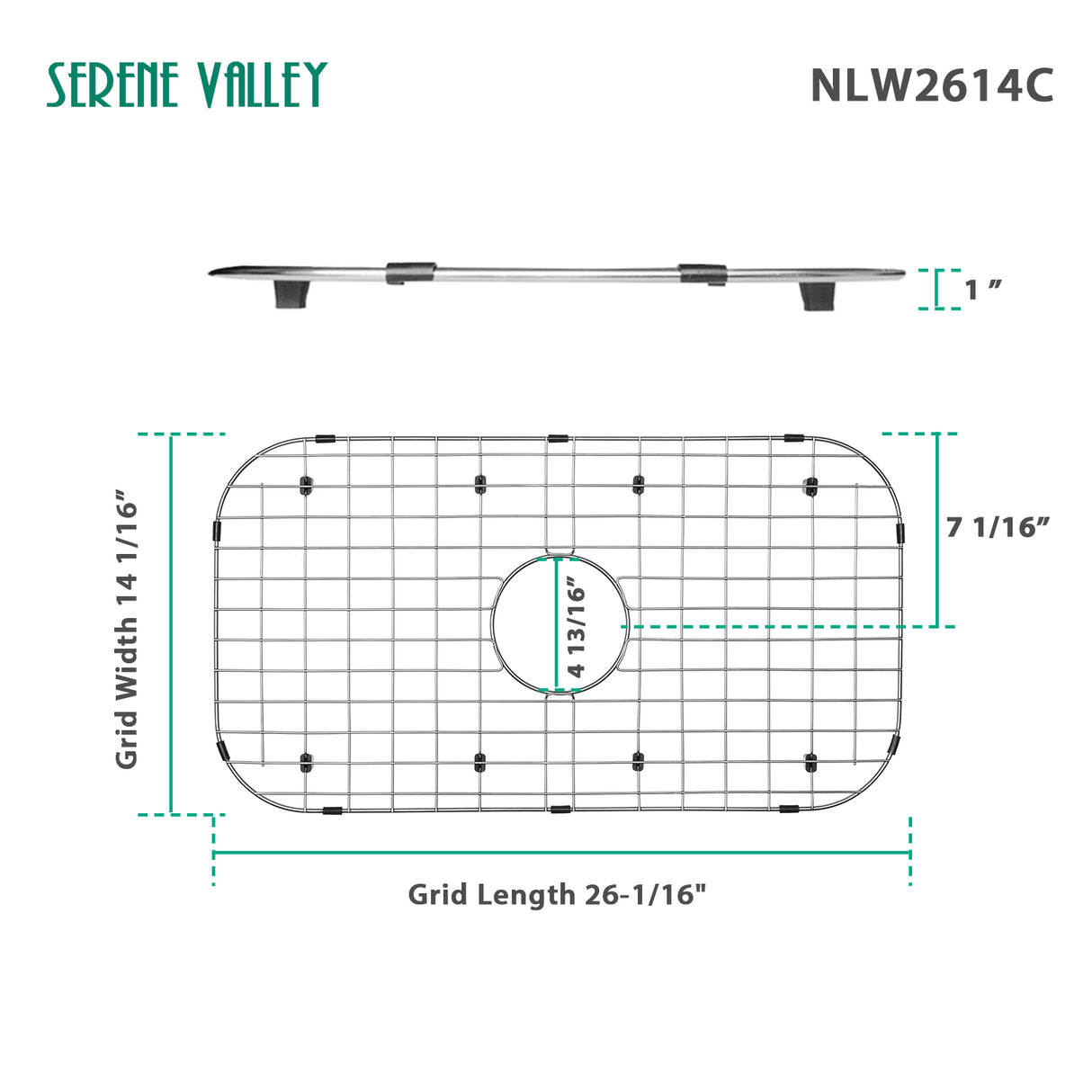 Sink Protector Grid 26-1/16" x 14-1/16", Centered Drain with Corner Radius 3-1/2" NLW2614C