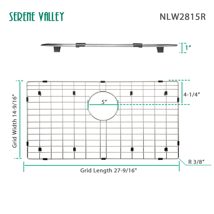 Serene Valley 27-9/16" x 14-9/16" Sink Protector, Rear Drain with Corner Radius 3/16", Sink Grid NLW2815R