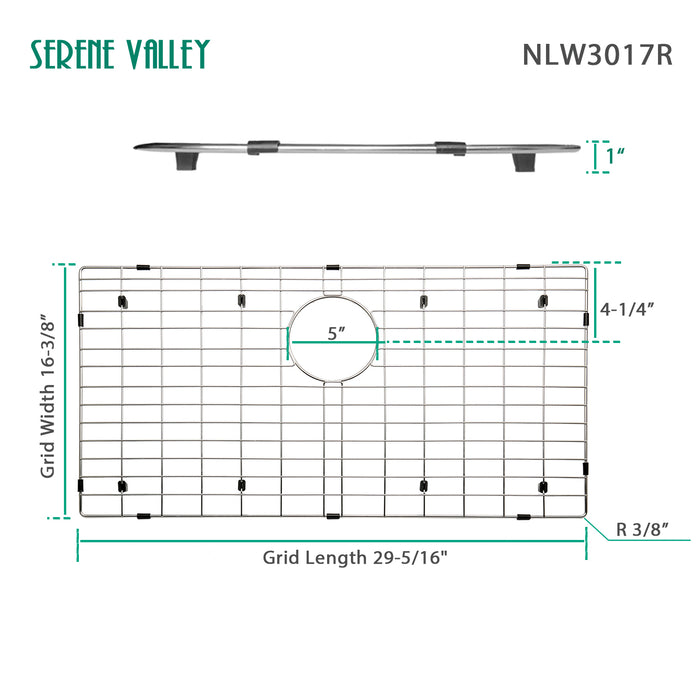 Serene Valley 29-1/2" x 16-1/2" Sink Bottom Grid, Rear Drain with Corner Radius 3/16", Sink Grids Stainless Steel NLW3017R