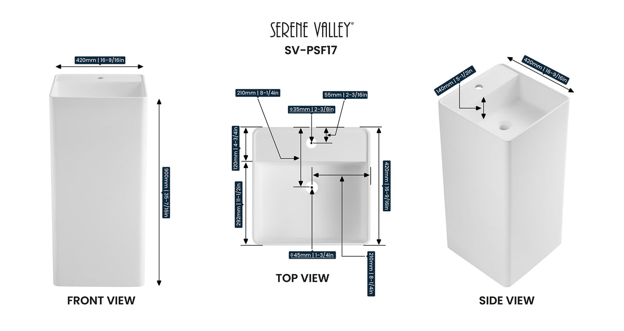 Bathroom Pedestal Sink, Solid Surface Material, Free-Standing Install, 16.5" with Single Faucet Hole in Matte White, SV-PSF17