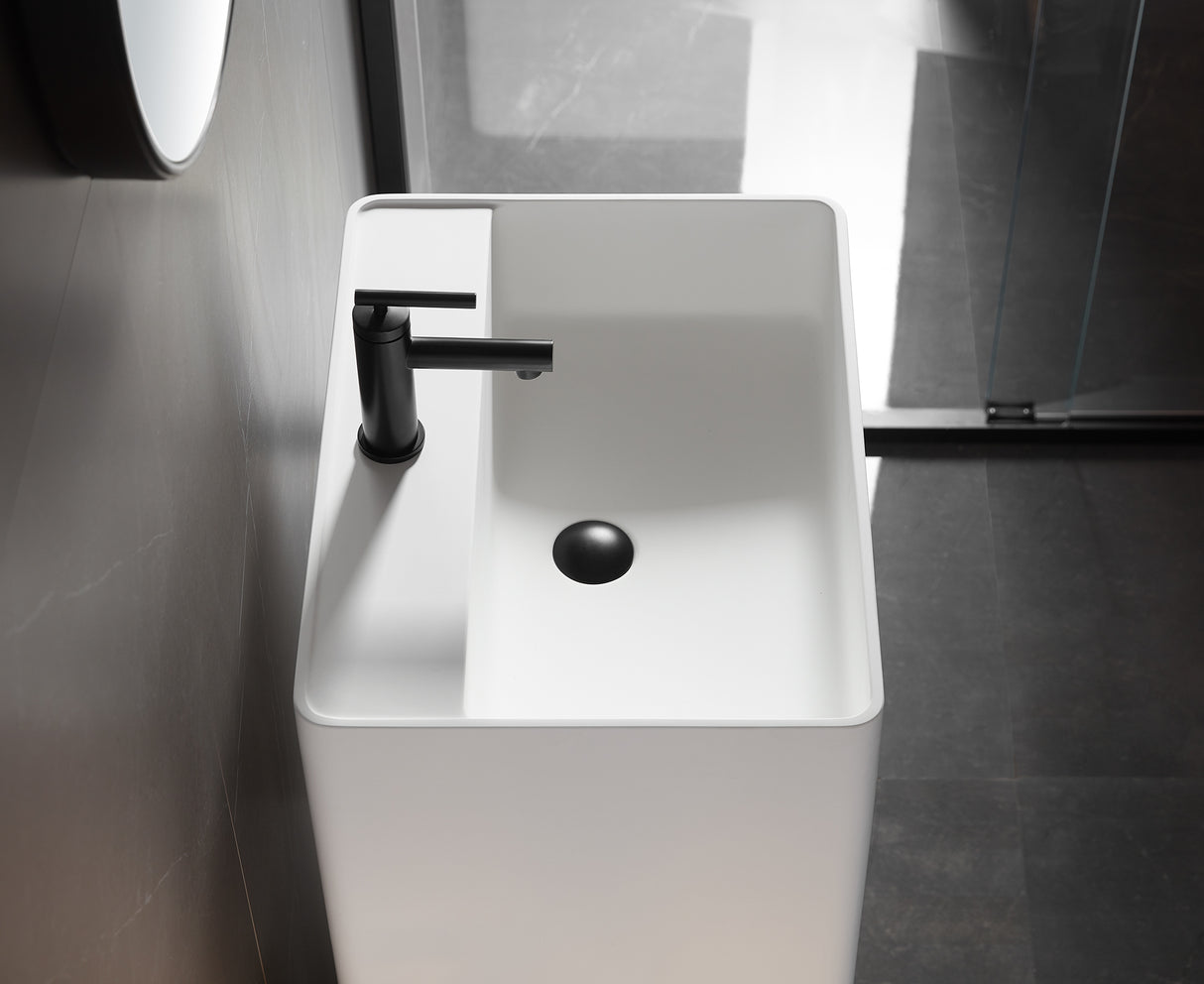 Bathroom Pedestal Sink, Solid Surface Material, Free-Standing Install, 21.5X16.5" with Single Faucet Hole in Matte White， SV-PSF2217