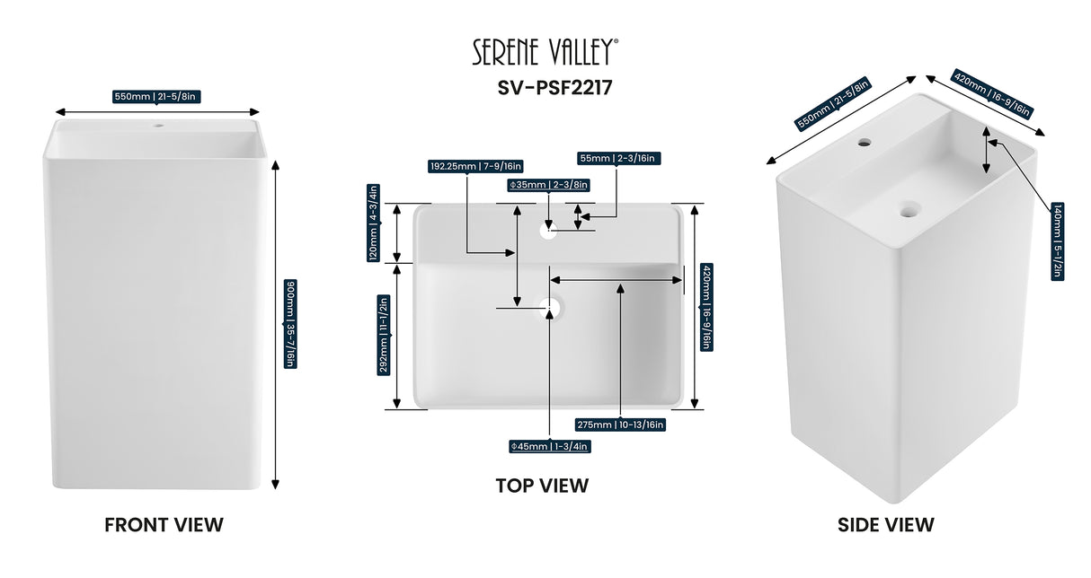 Bathroom Pedestal Sink, Solid Surface Material, Free-Standing Install, 21.5X16.5" with Single Faucet Hole in Matte White， SV-PSF2217