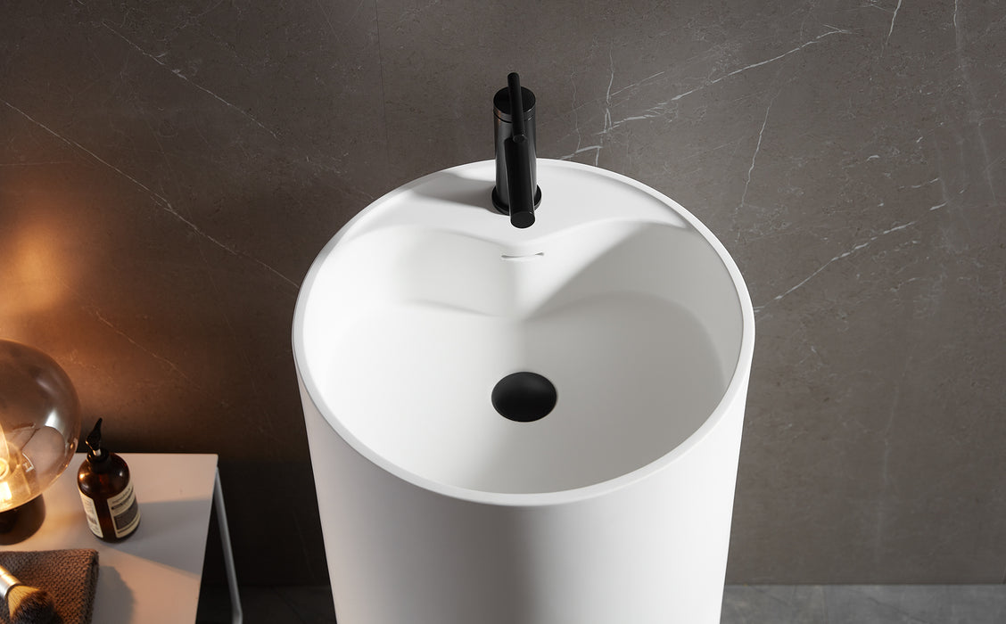 Bathroom Pedestal Sink, Solid Surface Material, Free-Standing Install, 18" with Single Faucet Hole in Matte White, SV-PSY18