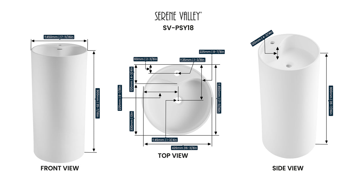 Bathroom Pedestal Sink, Solid Surface Material, Free-Standing Install, 18" with Single Faucet Hole in Matte White, SV-PSY18