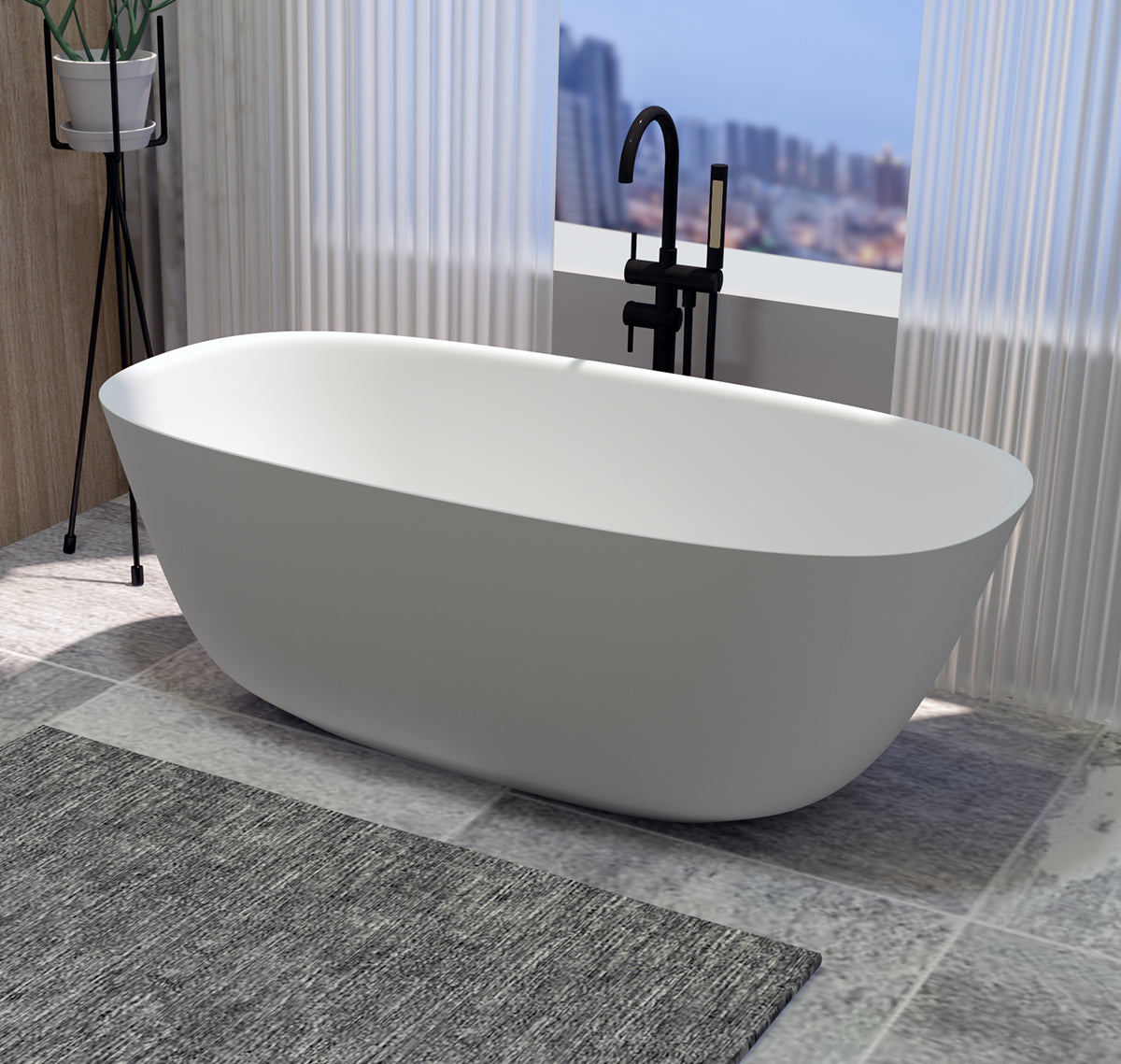 Serene Valley Freestanding Bathtub SVFBT8005-6332, Made of Pure Solid Surface Material with Drain, 63" L x 31.5" W Matte White, Hand Polished and Easy Maintenace