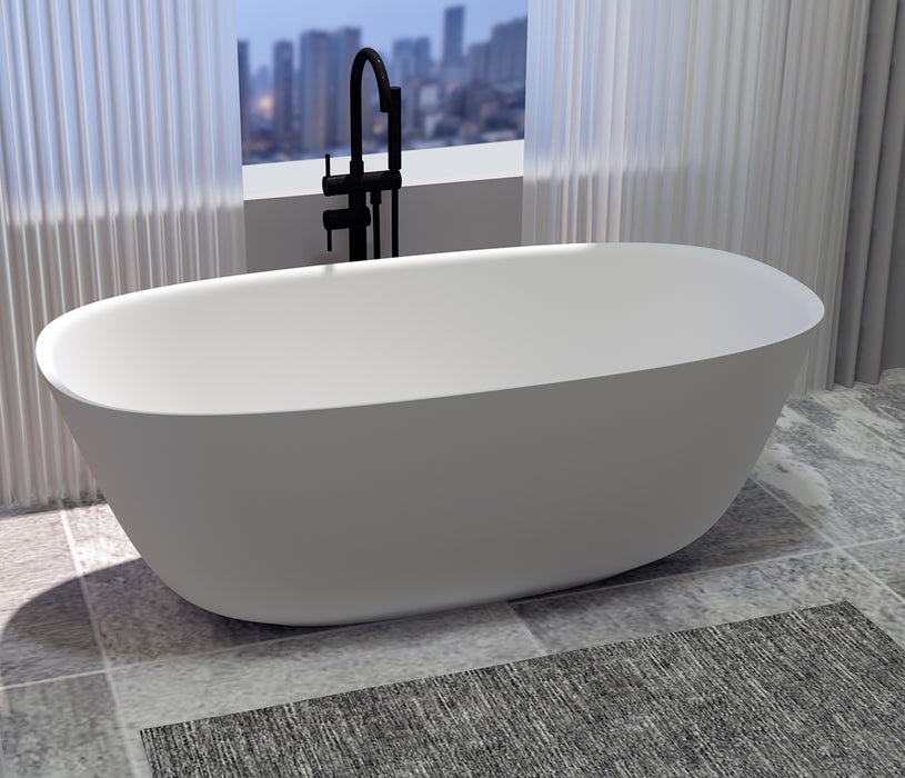 Serene Valley Freestanding Bathtub SVFBT8005-6332, Made of Pure Solid Surface Material with Drain, 63" L x 31.5" W Matte White, Hand Polished and Easy Maintenace