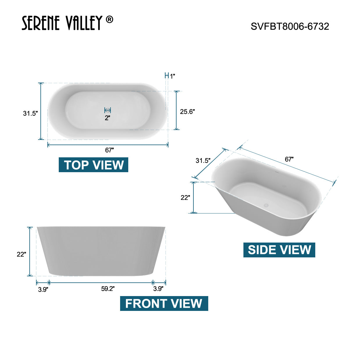 Serene Valley Freestanding Bathtub SVFBT8006-6732, Made of Pure Solid Surface Material with Drain, 67" L x 31.5" W Matte White, Hand Polished and Easy Maintenace