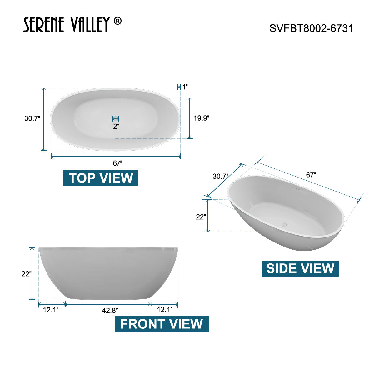 Serene Valley Freestanding Bathtub SVFBT8002-6731, Made of Pure Solid Surface Material with Drain, 67" L x 30.7" W Matte White, Hand Polished and Easy Maintenace