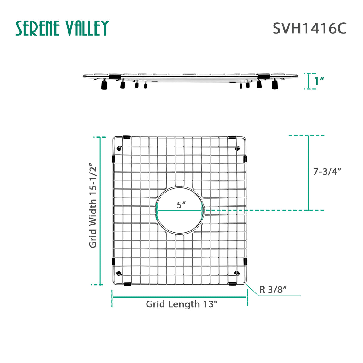 Serene Valley Sink Bottom Grid 13" X 15-1/2", Centered Drain with Corner Radius 3/8", Sink Protector SVH1416C