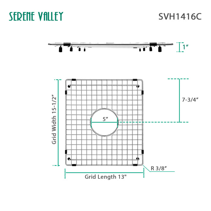Serene Valley Sink Bottom Grid 13" X 15-1/2", Centered Drain with Corner Radius 3/8", Sink Protector SVH1416C