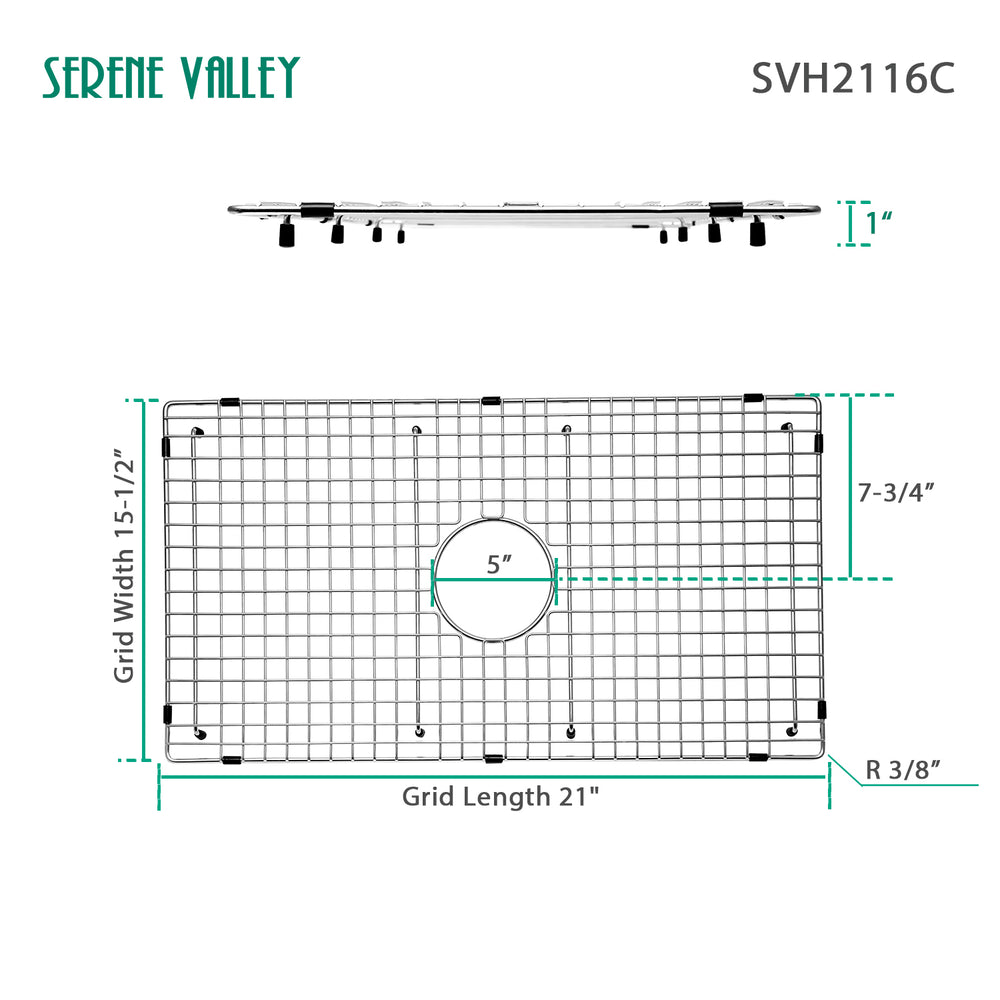 Serene Valley Sink Bottom Grid 21" X 15-1/2", Centered Drain with Corner Radius 3/8", Sink Protector SVH2116C