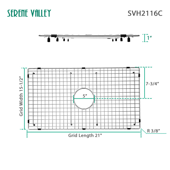 Serene Valley Sink Bottom Grid 21" X 15-1/2", Centered Drain with Corner Radius 3/8", Sink Protector SVH2116C