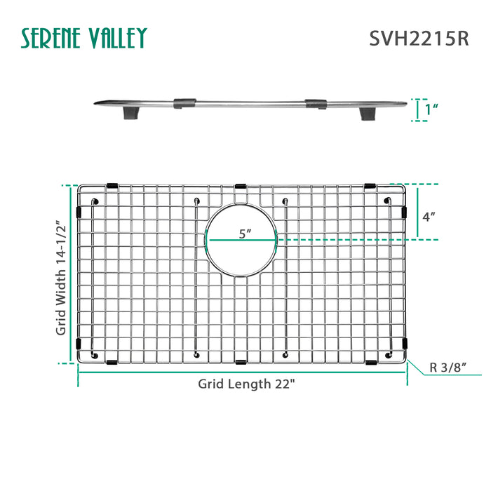 Serene Valley Sink Bottom Grid 22" X 14-1/2", Rear Drain with Corner Radius 3/8", Sink Protector SVH2215R