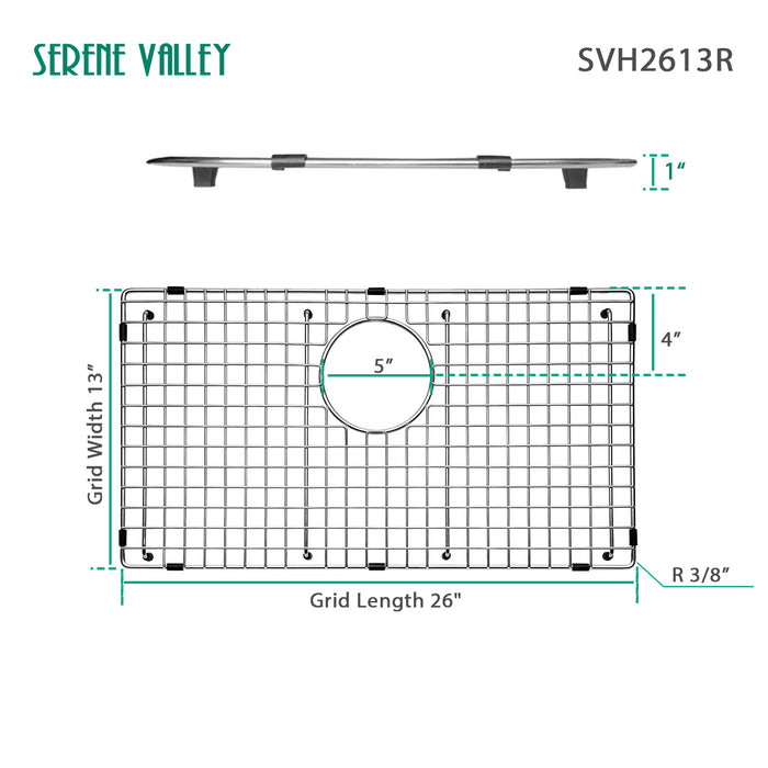 Serene Valley Sink Bottom Grid 26" X 13", Rear Drain with Corner Radius 3/8", Sink Protector SVH2613R
