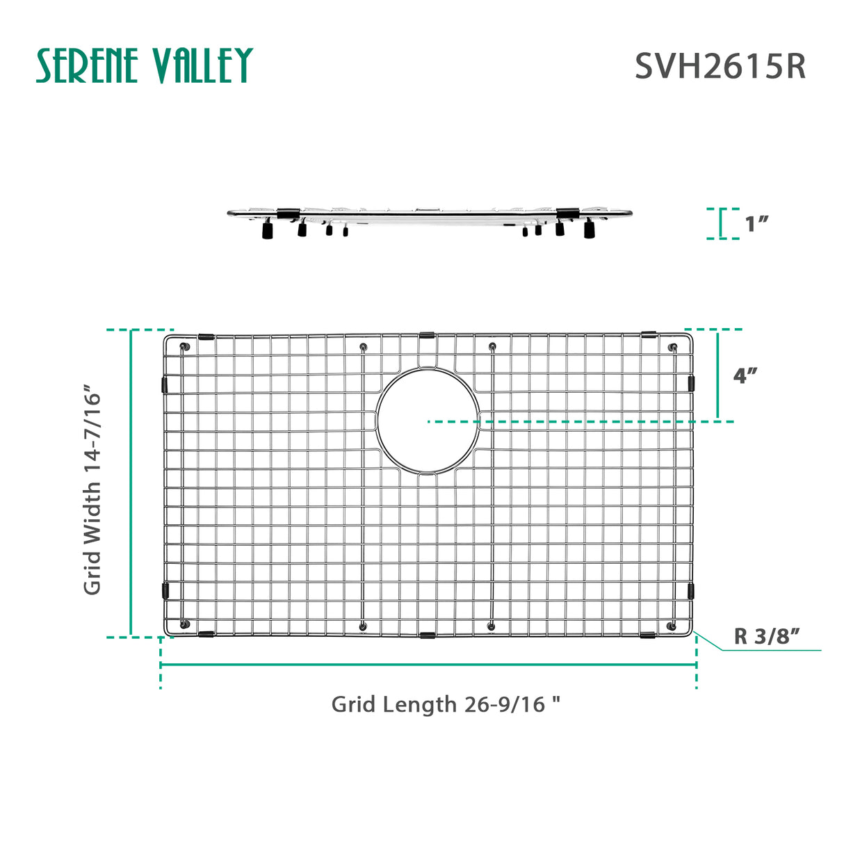 Sink Bottom Grid 26" X 14-7/16", Rear Drain with Corner Radius 3/8", Sink Protector SVH2615R